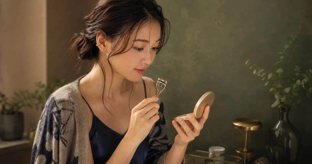 手鏡を見ながら、開いた無銘のビューラーを下まつげの近くで位置確認する成人女性
