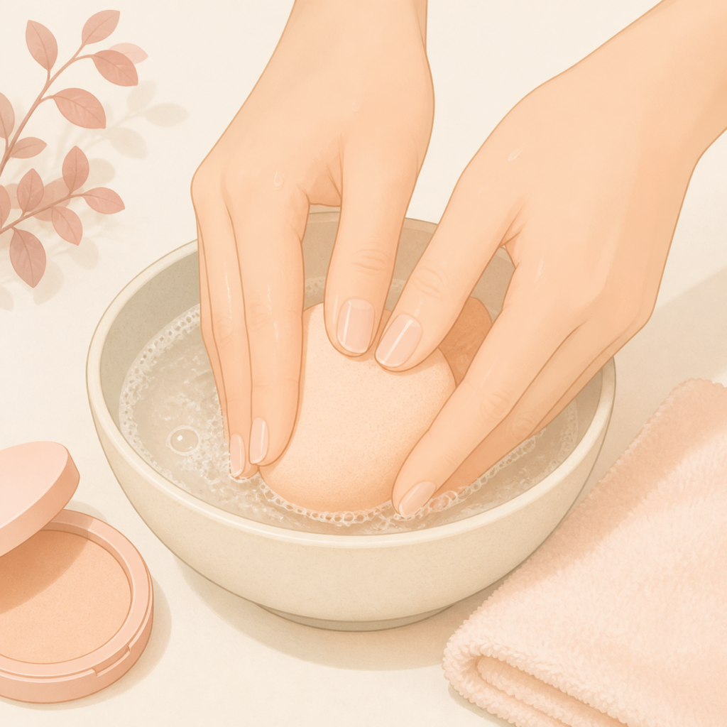 メイクパフをぬるま湯でやさしく洗いタオルで水気を取るイラスト