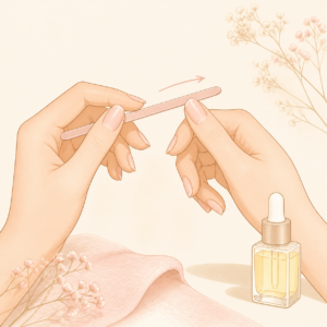爪やすりで爪先を一方向に整える手元のイラスト