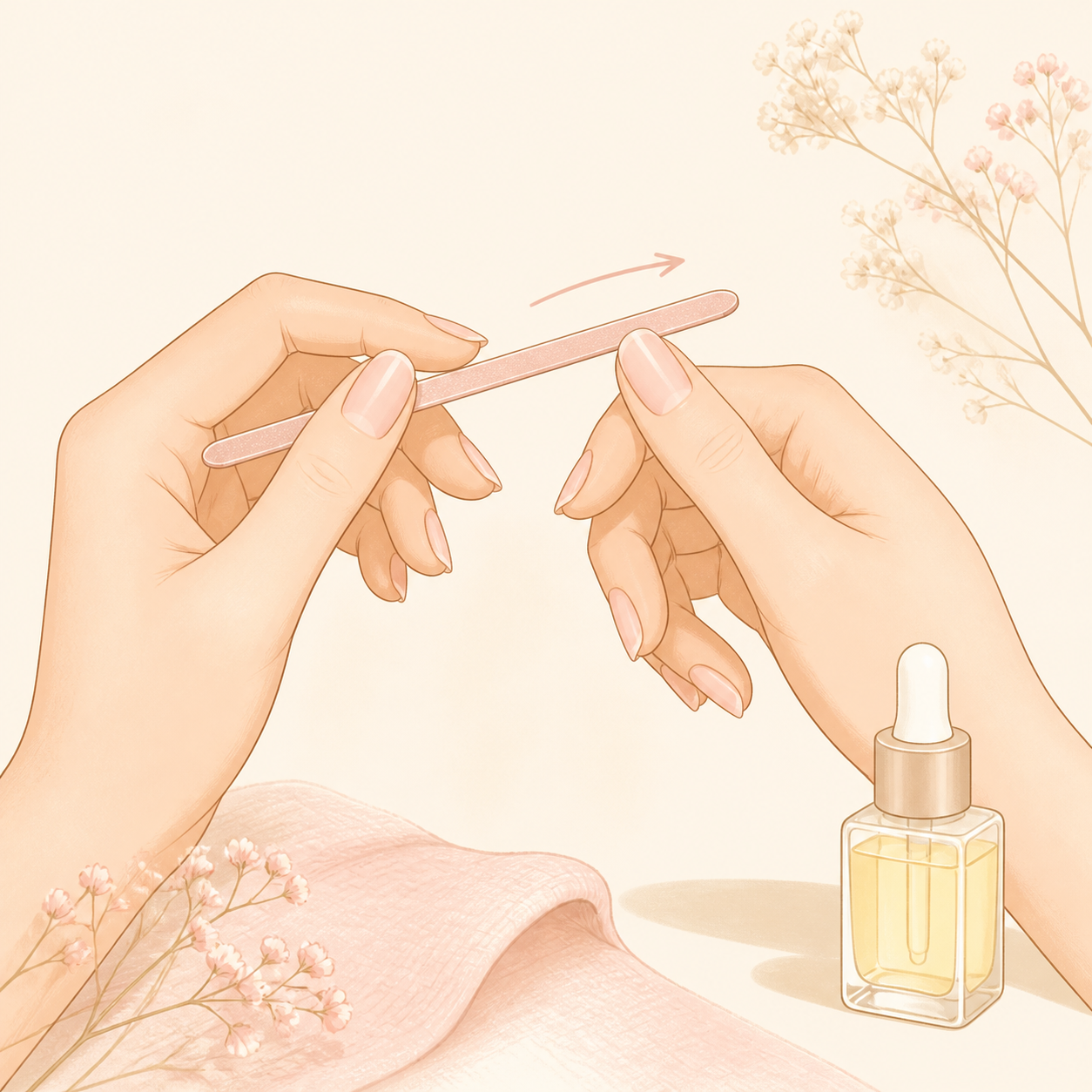 爪やすりで爪先を一方向に整える手元のイラスト