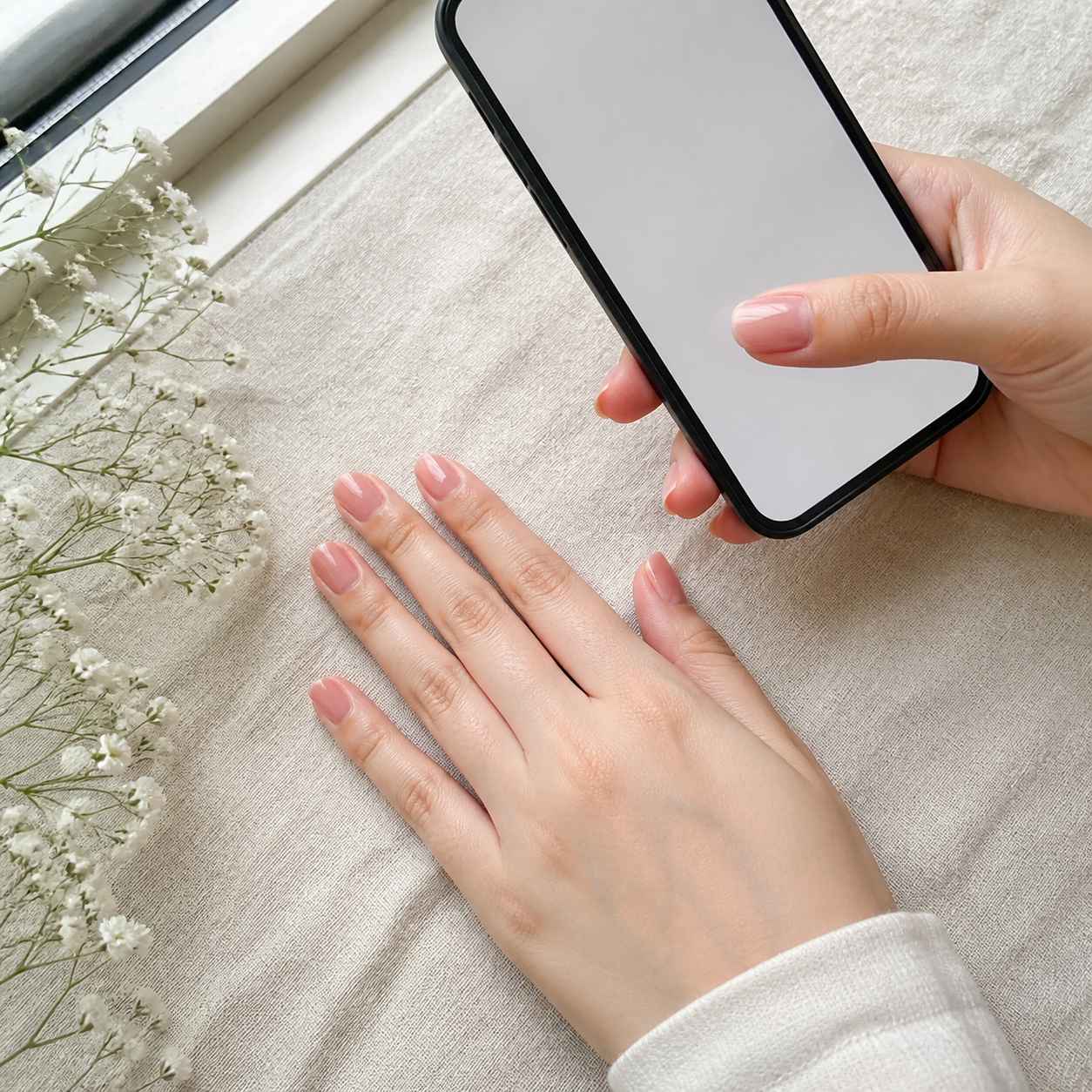 窓際のやわらかい光で短いネイルをスマホ撮影する手元