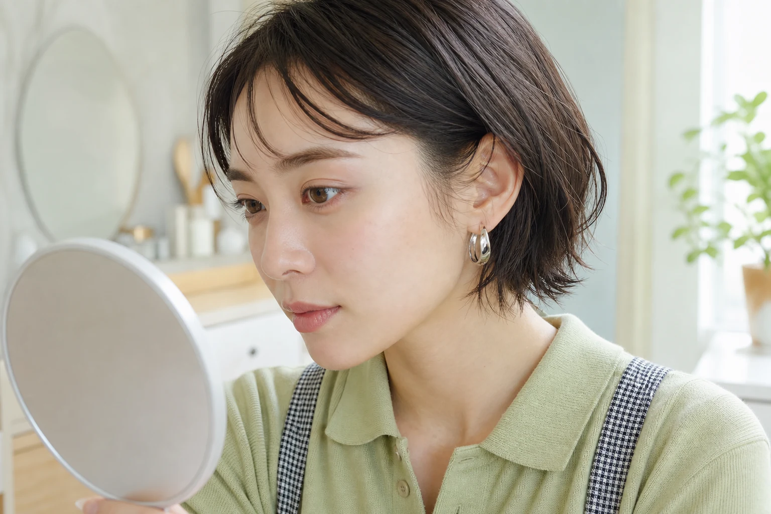 鏡を見ながら眉尻周辺の色と肌状態を確認する20代後半の女性