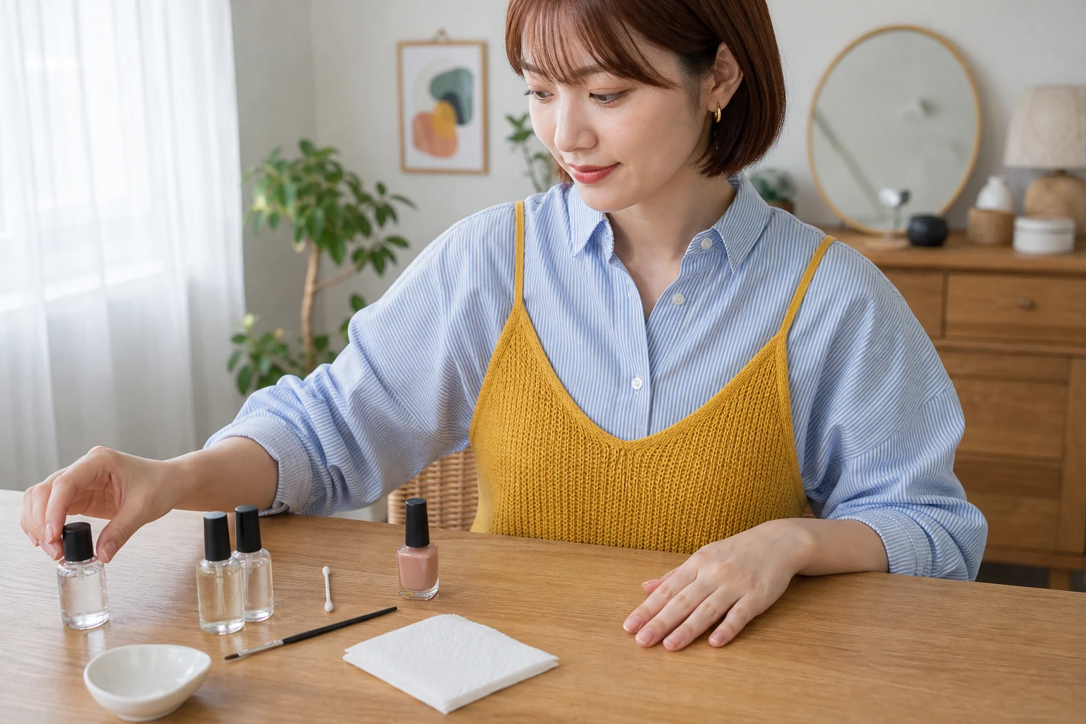 ネイルカラーと修正用ブラシを机へ並べて準備する20代女性