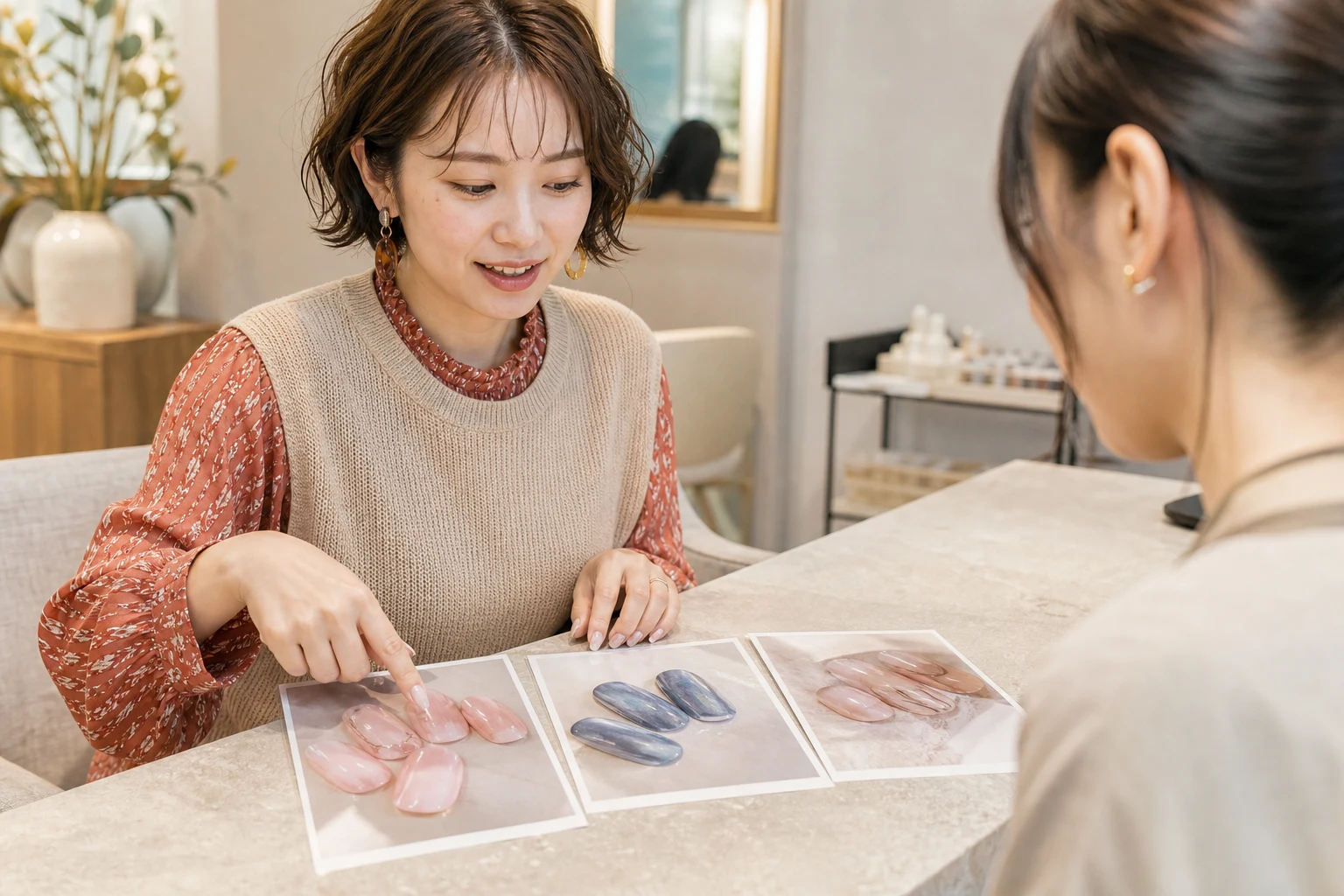 複数のネイル参考画像を並べてネイリストへ好みを伝える20代後半の女性