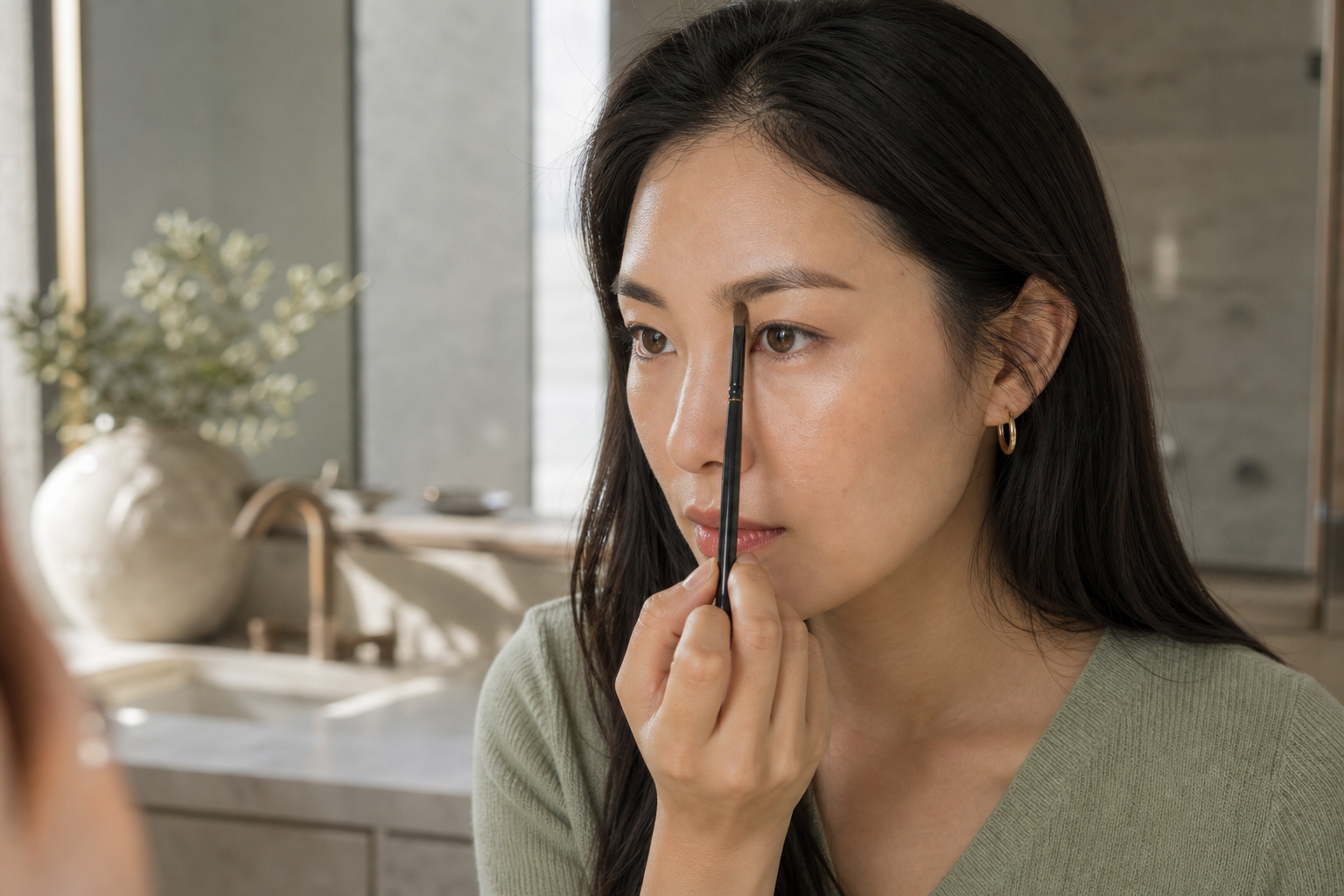 鼻筋の延長と目頭を使って眉頭の目安を確認する女性