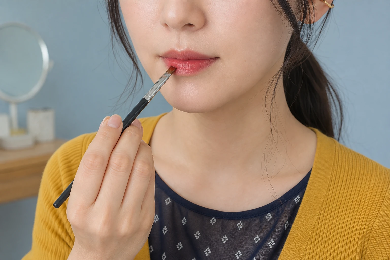 清潔なリップブラシで透ける赤を自然な輪郭の内側へ薄く塗る20代後半の成人女性