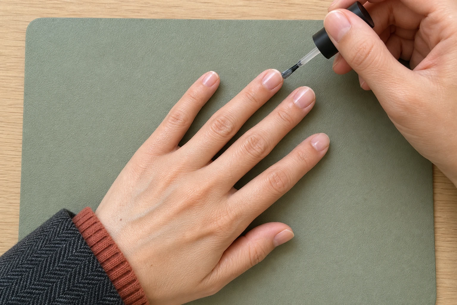 短い自然爪へ透明なベースコートを薄く塗る40代前半の手元