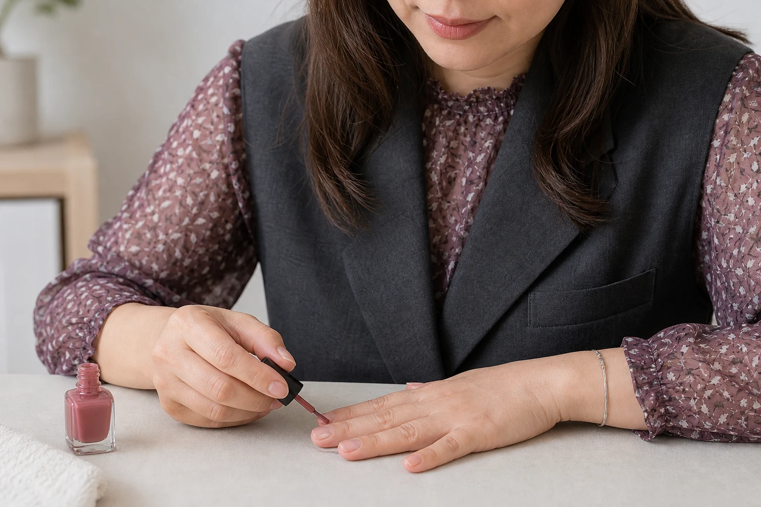 非利き手でブラシを持ち両手を机へ固定してネイルを塗る30代女性