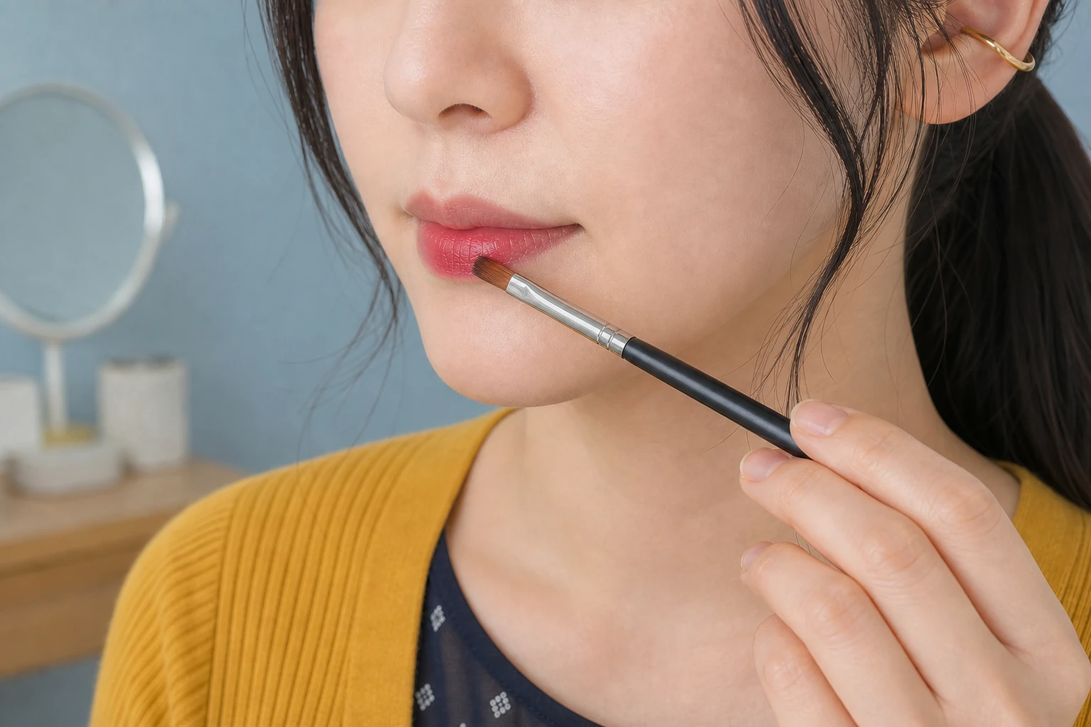 ティッシュで軽く押さえた唇の中央へ深いベリー赤をリップブラシで重ねる20代後半の成人女性