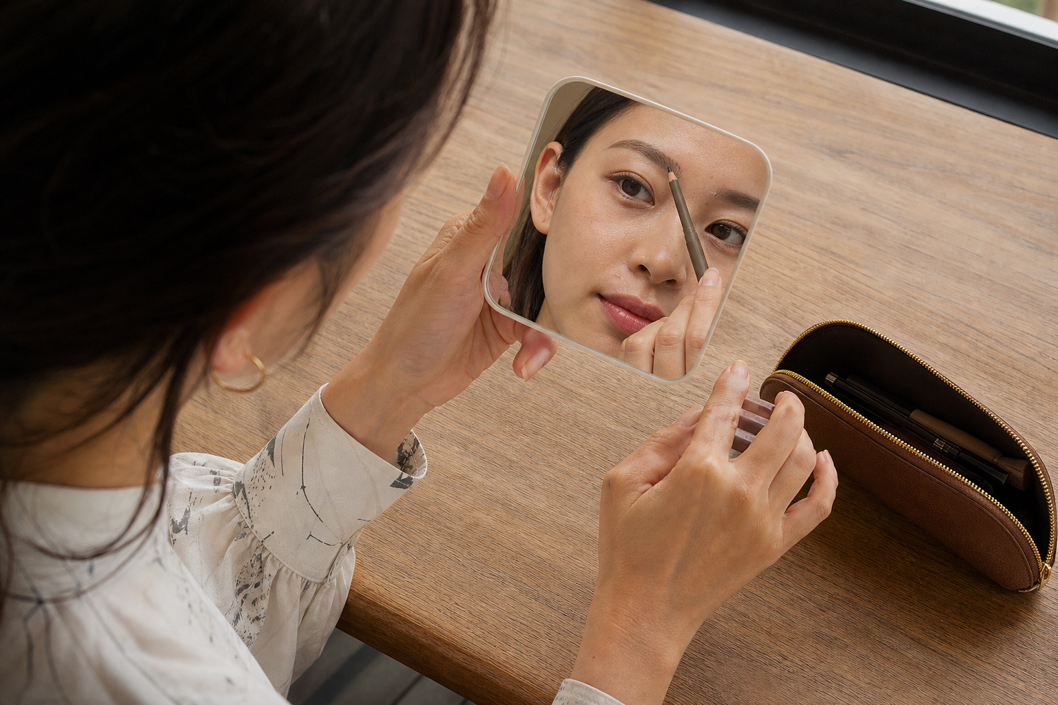 コンパクトミラーを見ながら眉の基準点に薄い下書きを置く手元