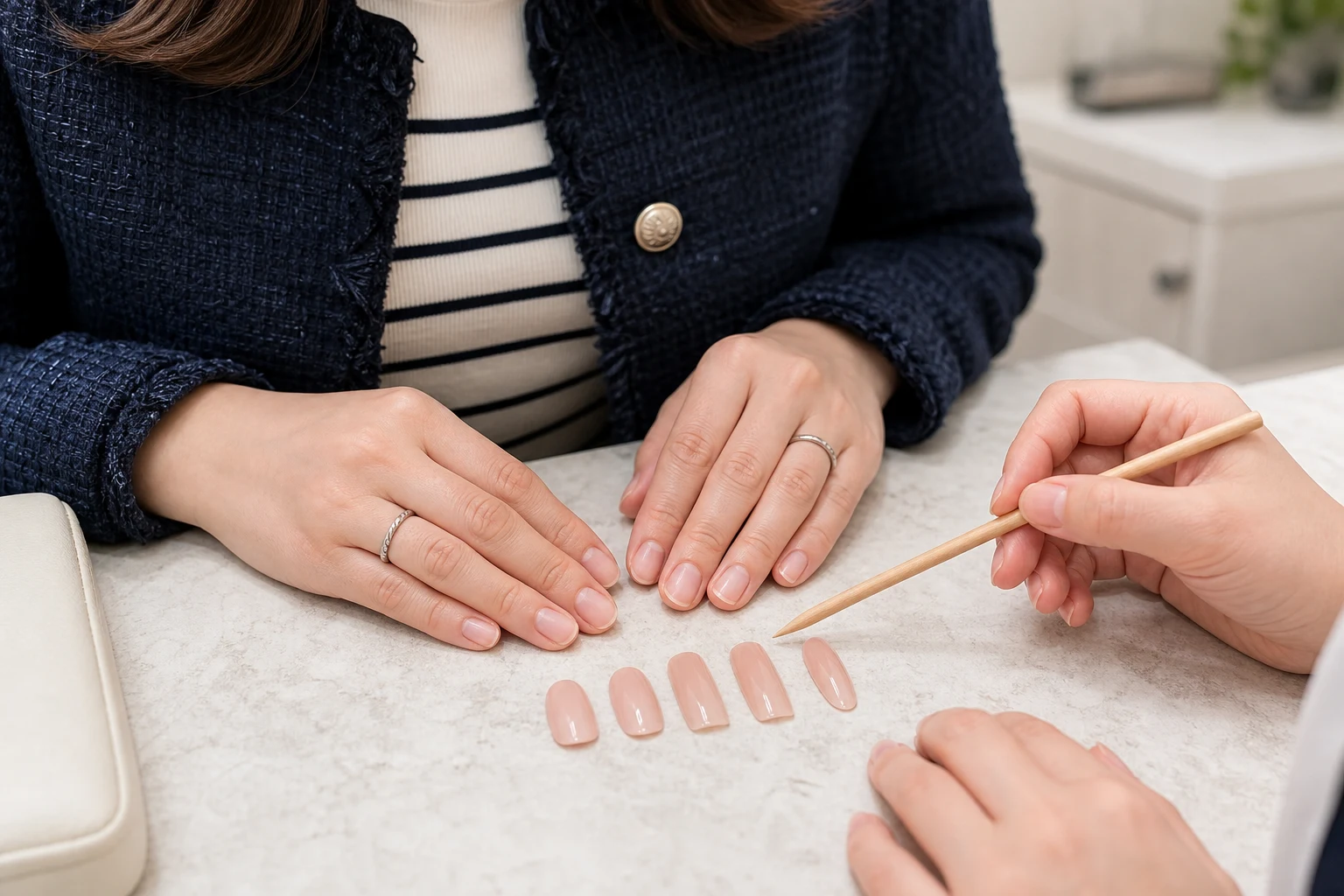短いラウンドやオーバルなどの形と長さのサンプルを比較する30代女性