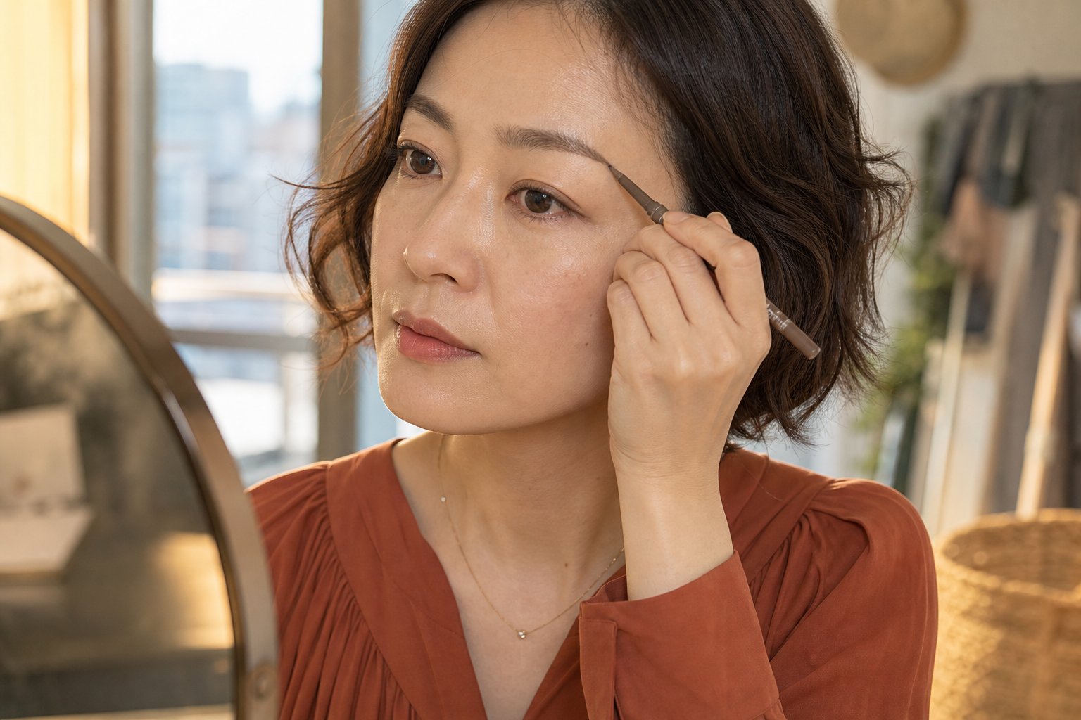 眉尻のまばらな部分へ極細ペンシルで毛流れに沿った短い線を足す女性