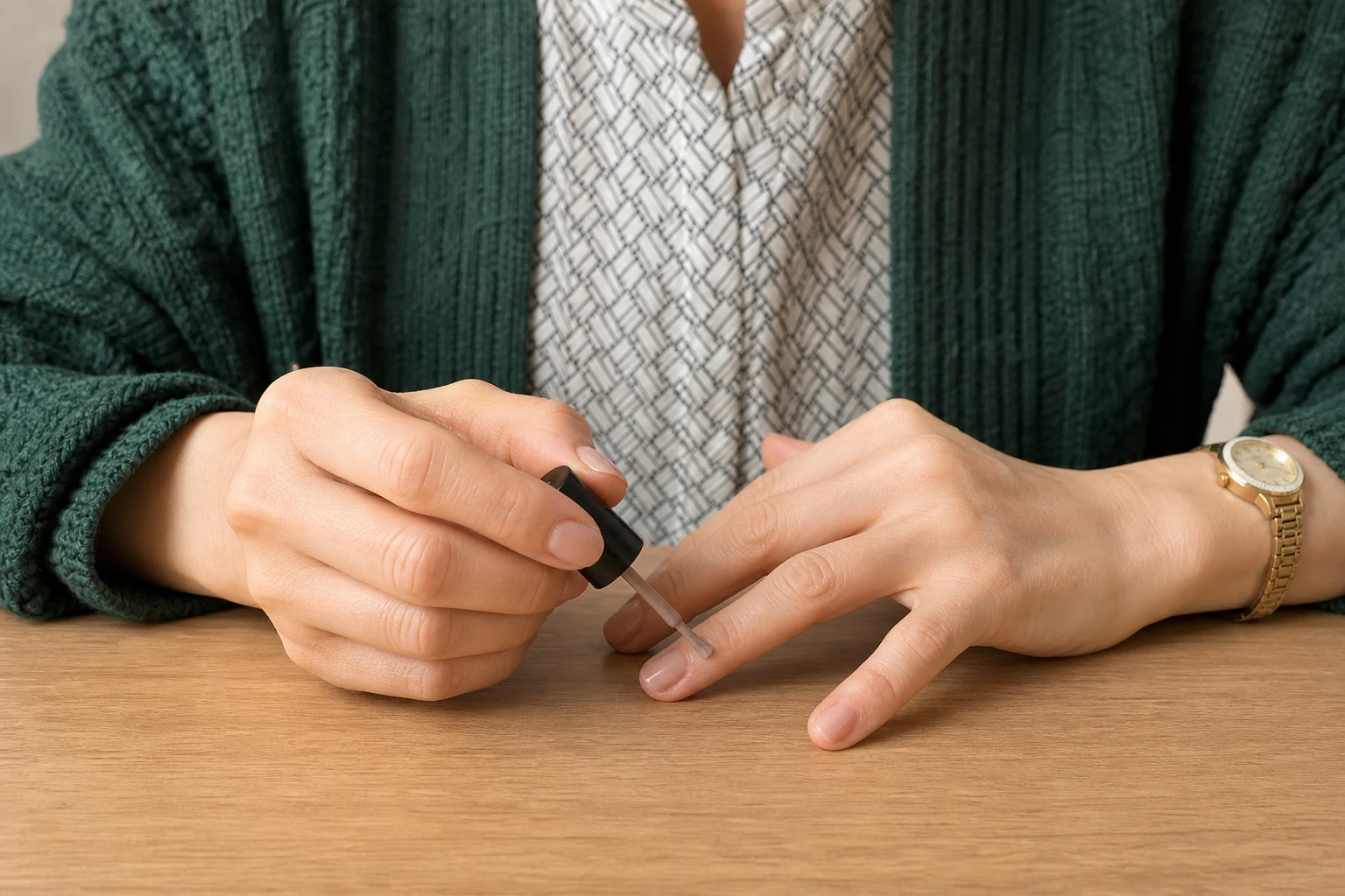 固定した非利き手のブラシの下で塗られる指を動かす40代女性