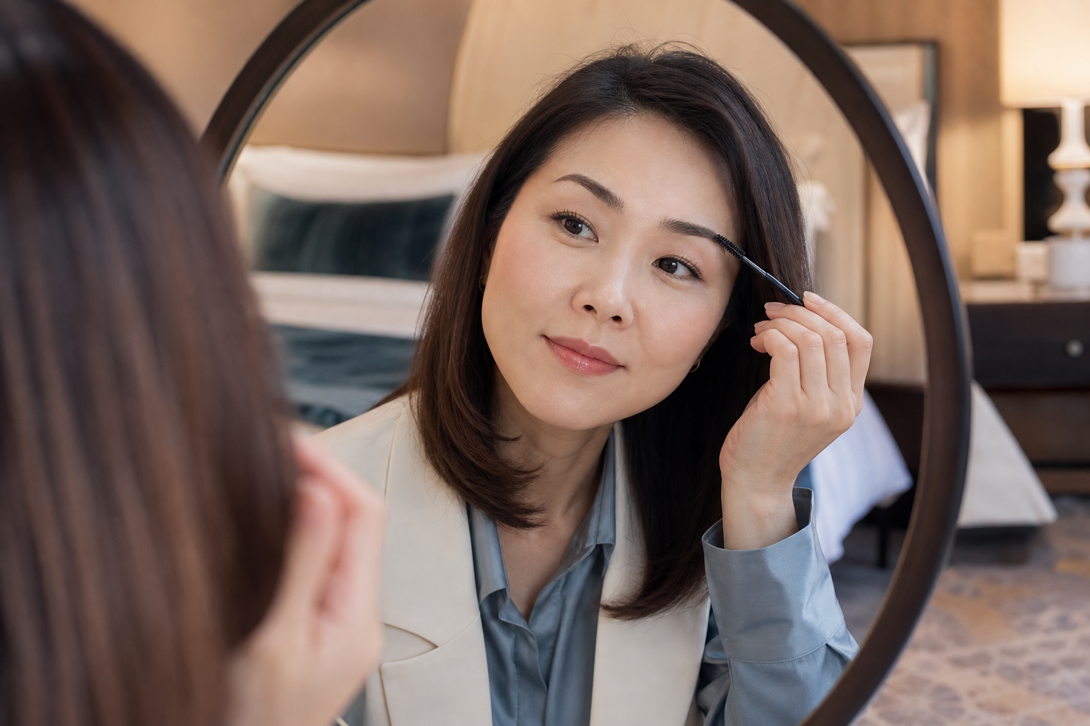 スクリューブラシで眉頭の境目をやわらげる女性