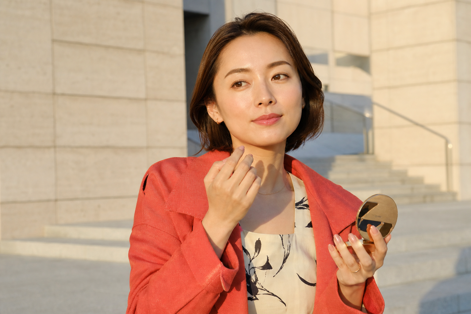 屋外でコンパクトミラーを持ち自然な左右バランスの眉を確認する女性