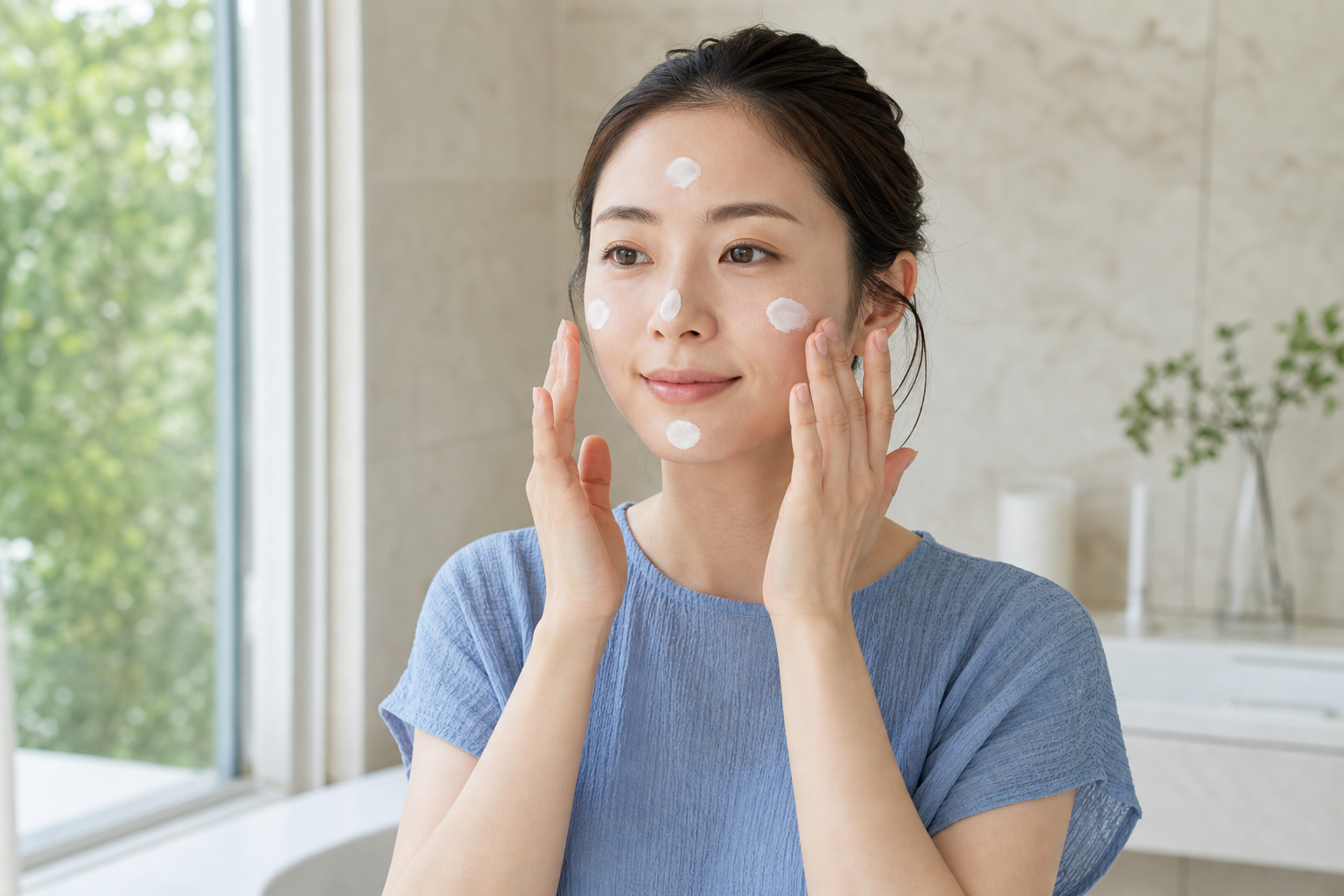 朝の窓辺で日焼け止めを顔の5カ所に置く女性