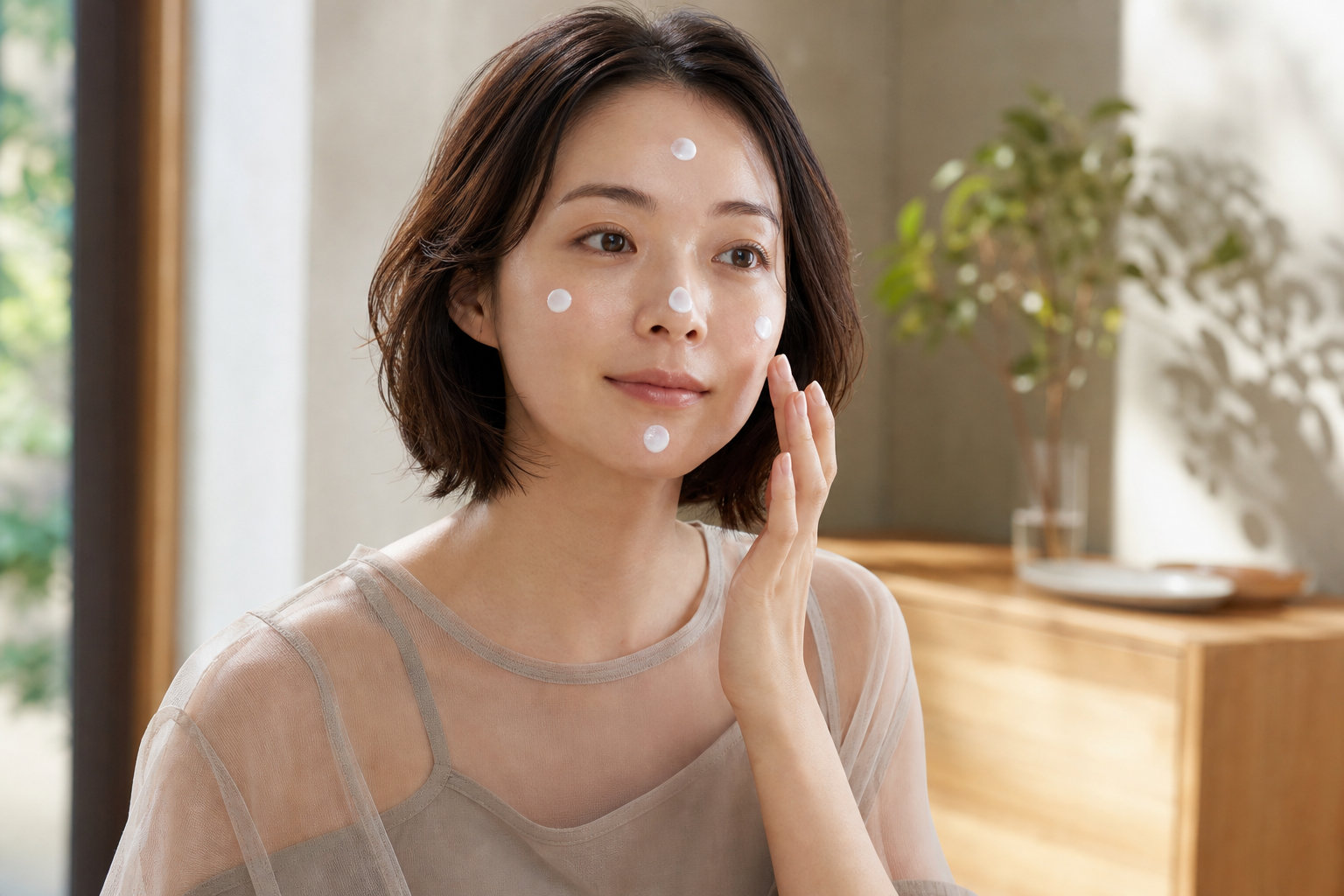 玄関で顔の5点に日焼け止めを置くボブヘアの女性