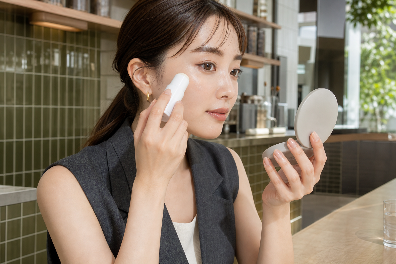 カフェで固形の日焼け止めスティックを頬骨に重ねる女性