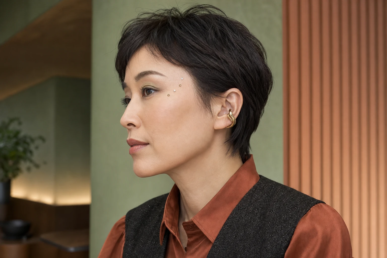 こめかみに透明とスモーキーゴールドの小粒ラインストーンを斜めに五粒置いた40代前半の成人女性