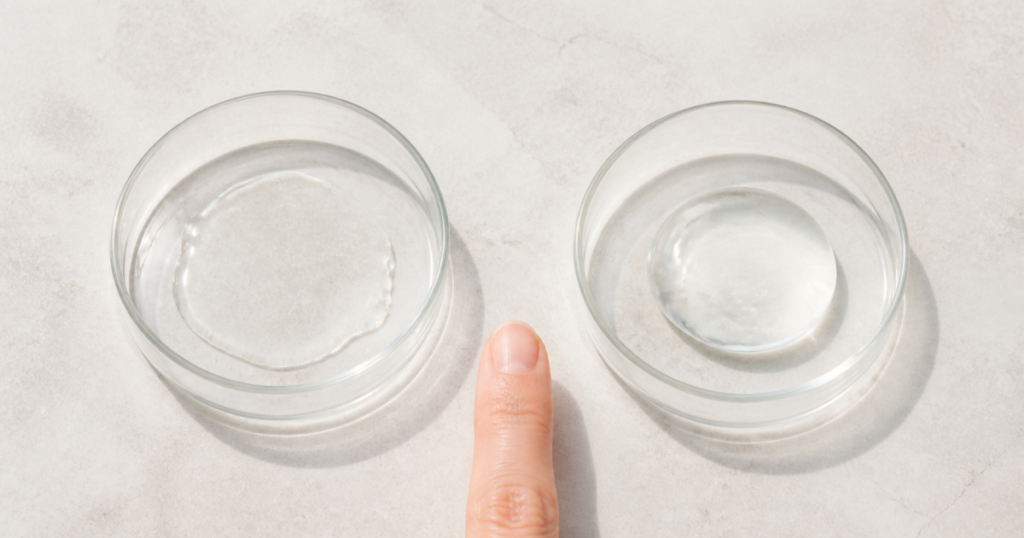 薄く広がる化粧水と丸い液だまりを並べたテクスチャー比較