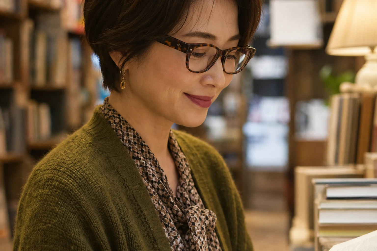 べっ甲柄のメガネに透け感のあるベリーリップを合わせた40代女性